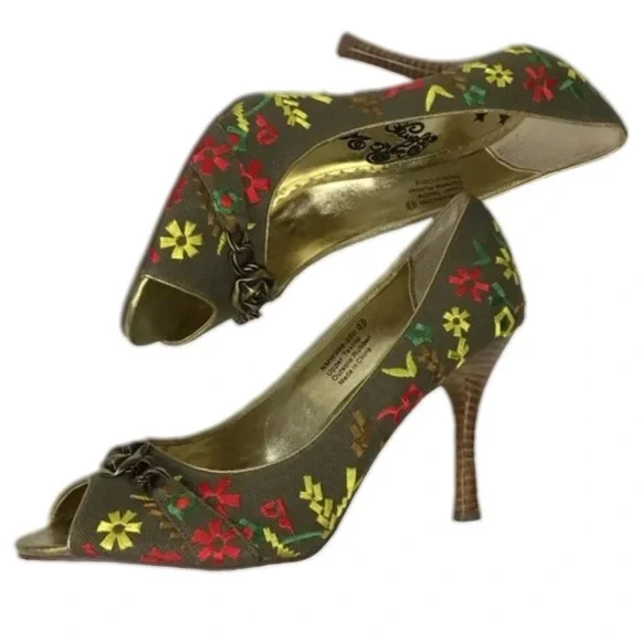 Y2K Naughty Monkey Flower embroidery Floral Peep Toe Heels Spring Wood - Picture 1 of 6